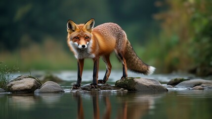 Fototapeta premium Beautiful red fox standing on a few stones over the water surface. Very focused on its prey. Pure natural wildlife photo. Ready to hunt. 