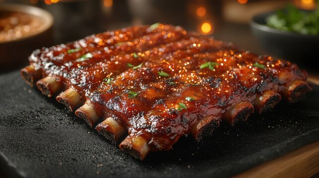 Delicious Barbecue Ribs with Smoky Fire Sparkles on a Black Textured Background Ideal for Food Enthusiasts and Culinary Bloggers