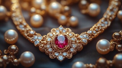 Vintage gold necklace with baroque ornamentation and gemstone settings resting on a satin cloth in a highend jewelry shop with a sophisticated ambiance