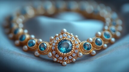 Vintage gold necklace with baroque ornamentation and gemstone settings resting on a satin cloth in a highend jewelry shop with a sophisticated ambiance