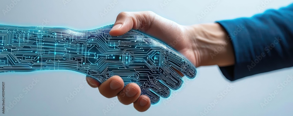 Poster handshake between human and robotic hand, showcasing technology integration.