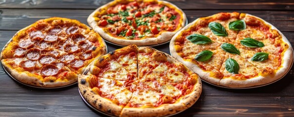 Four delicious pizzas with various toppings on a wooden background.