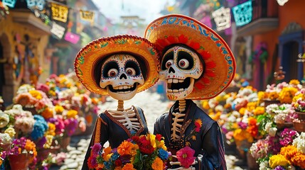 Skeleton couple in traditional attire A joyful skeleton couple dressed in traditional Mexican clothing, dancing amidst a sea of colorful flowers and papel picado banners swaying above.