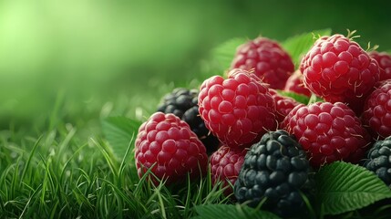 Fresh Raspberries on Green Grass