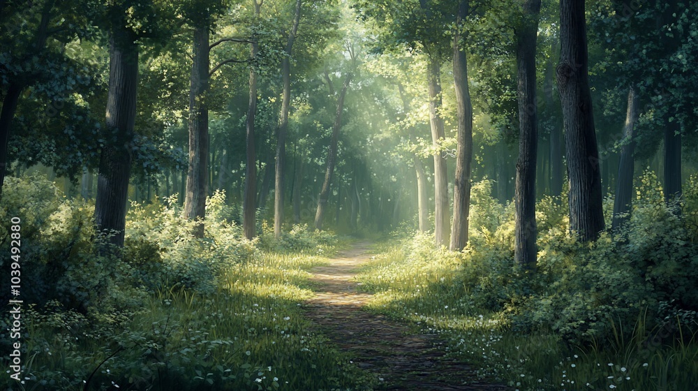 Poster sunlight beams through a forest path, illuminating the trees and dappled light on the ground.