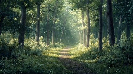 Obraz premium Sunlight beams through a forest path, illuminating the trees and dappled light on the ground.