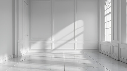 Fototapeta premium A minimalist room with white walls and a marble floor. The sunlight streams through a large window casting shadows on the floor.