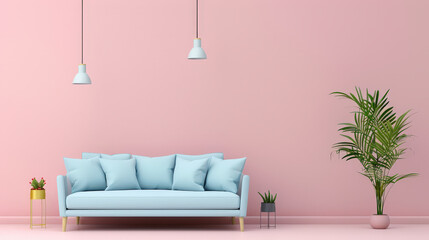 Obraz premium soft turquoise sofa with blue cushions creates serene atmosphere against pink wall, complemented by stylish pendant lights and lush greenery