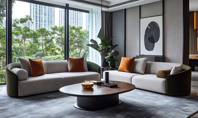 modern living room with a light gray fabric three-seater sofa