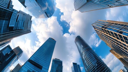 Skyscrapers reaching towards a cloudy sky in an urban landscape.