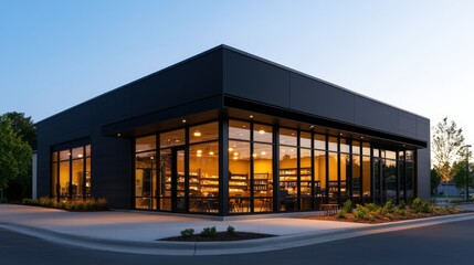 modern black glass and wood commercial building at sunset