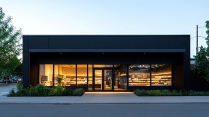 Fototapeta premium Modern retail store exterior with illuminated interior