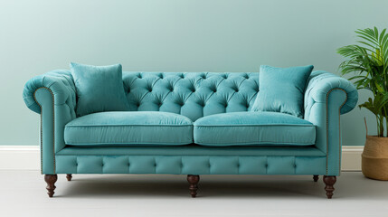 Fototapeta premium soft turquoise sofa with blue cushions adds touch of elegance to any space, complemented by stylish plant nearby. This inviting piece is perfect for relaxation