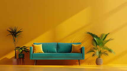 soft turquoise sofa with teal cushions complements vibrant yellow wall, creating cheerful and inviting atmosphere. lush green plants add touch of nature, enhancing overall aesthetic