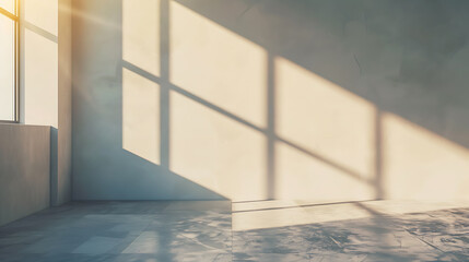 Fototapeta premium A minimalist interior space bathed in warm, natural light. The sun streams through a large window, casting long shadows across the white wall and concrete floor. The room is empty, offering a blank ca