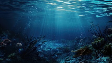 Obraz premium Deep ocean underwater scene with sun rays and corals. Marine exploration concept for background or wallpaper design.