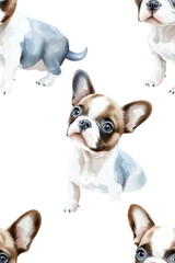 A watercolor seamless pattern of Boston Terriers, isolate on white background, with soft colors and artistic brushstrokes. cutout png
