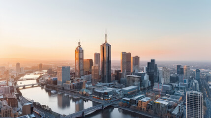 Fototapeta premium sprawling city filled with skyscrapers and urban landscapes, showcasing vibrant skyline at sunset. river reflects warm hues of evening sky, creating picturesque view