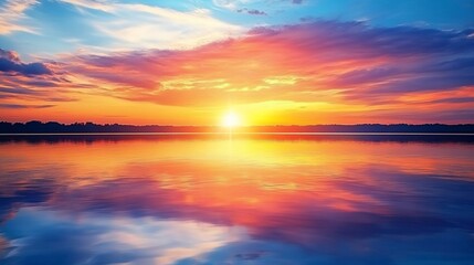 A vibrant sunset over a calm lake with a beautiful reflection.