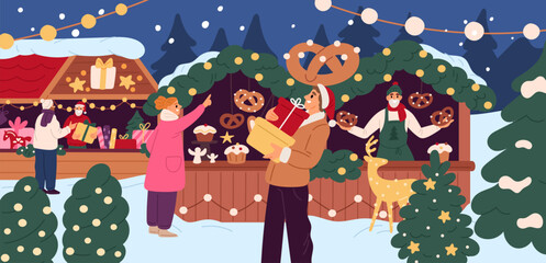 Fototapeta premium People choose Christmas gifts at fair. Visitors buy sweets, decorations and souvenirs in wooden New Year kiosks. Xmas marketplace. Holiday presents and pastry selling. Garish vector concept