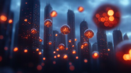 Futuristic city skyline with glowing spheres