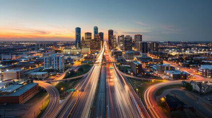 Naklejka premium vibrant metropolis at dusk, showcasing sleek skyscrapers and bustling highways illuminated by streaks of light. cityscape reflects dynamic urban lifestyle