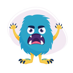 Cute cartoon angry monster. Funny blue fluffy creature in childish style isolated on white background. Vector illustration