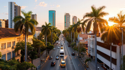 vibrant cityscape featuring bustling street lined with palm trees and modern skyscrapers. sunset casts warm glow, enhancing lively atmosphere of urban life