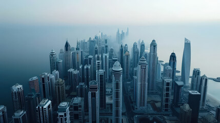 Fototapeta premium sprawling metropolis with sleek skyscrapers rising above fog, showcasing modern architecture and urban life. cityscape reflects innovation and progress