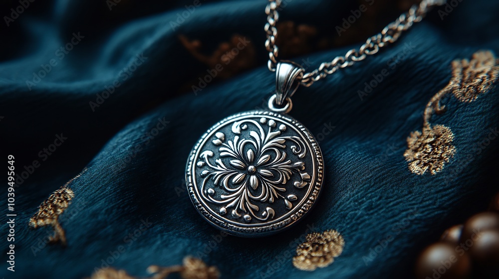 Poster vintage silver pendant with ornate patterns resting against a simple minimalistic backdrop emphasizi