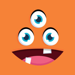 Cute cartoon three eyed monster face background. Funny monster face in childish style on orange background. Vector illustration
