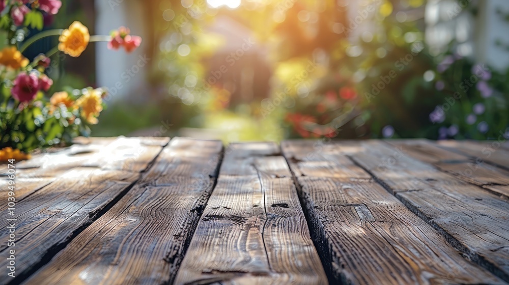 Poster top old wood table with beautiful background, template mockup for display of product.