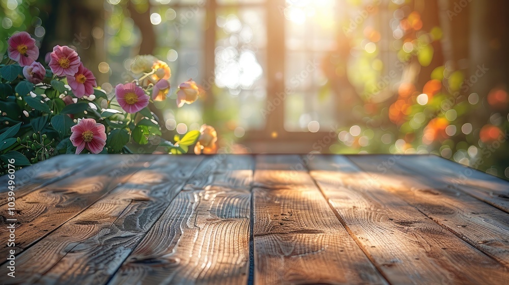Poster top old wood table with beautiful background, template mockup for display of product.