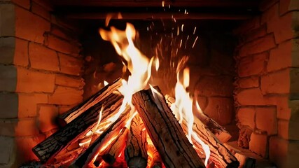 4K footage showcases warm glow fire cozy fireplace creating lcoming ambiance perfect home comfort relaxation cold evenings burning bright interior wood house arth at firewood light flames oven - Powered by Adobe