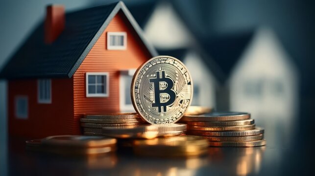 Bitcoin cryptocurrency with miniature houses on coins, symbolizing real estate investment.