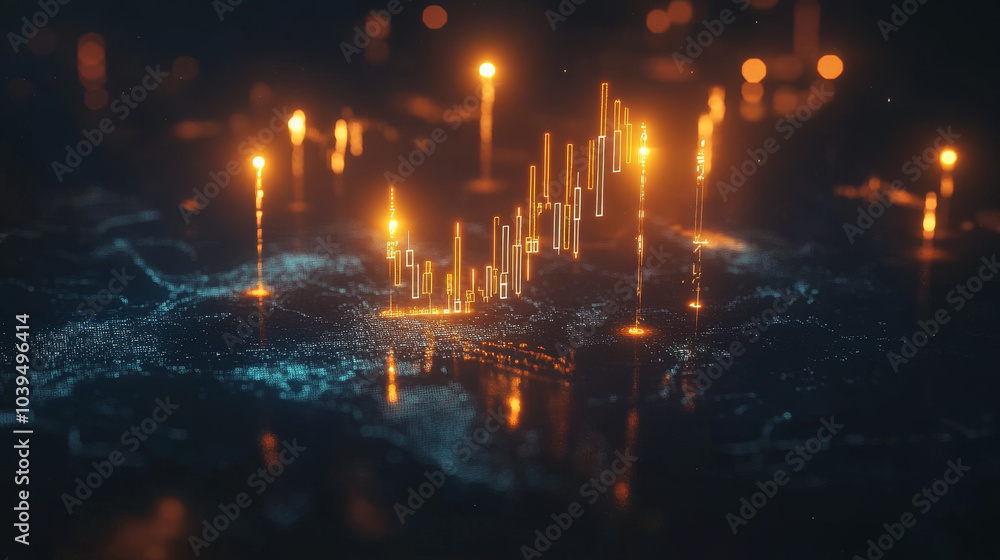 Poster a glowing candlestick chart and a map hologram float in the dark. this image represents stock tradin