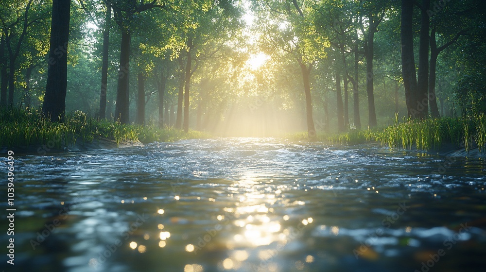 Poster sun beams through a forest canopy as a stream flows through the trees.