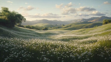 Rolling green hills with a field of white wildflowers in the foreground, a blue sky with white clouds, and mountain ranges in the background under a golden sunset light.