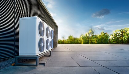 Modern air conditioner unit outside a building closeup. 3D Rendering