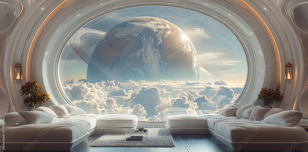 Aufkleber Inside a luxury lounge in outer space, there is a planet in a large window with space clouds all around.