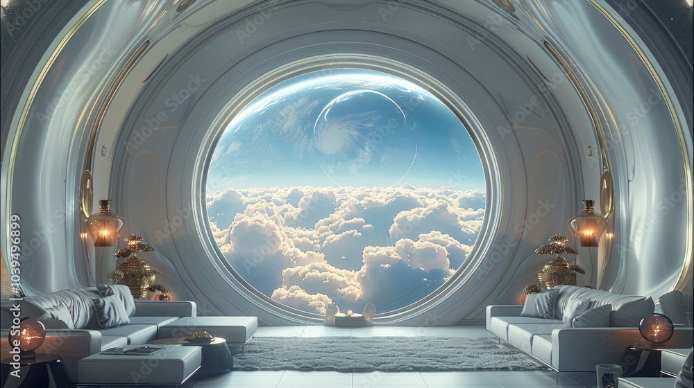 Aufkleber Inside a luxury lounge in outer space, there is a planet in a large window with space clouds all around.