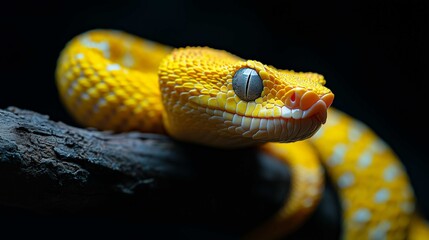 Obraz premium The Yellow White-lipped Pit Viper closeup on branch with black background, Yellow White-lipped Pit Viper closeup 