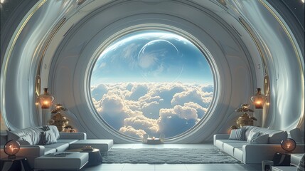 Inside a luxury lounge in outer space, there is a planet in a large window with space clouds all around.
