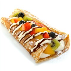 A delicious crepe filled with fresh fruits, drizzled with chocolate and cream.