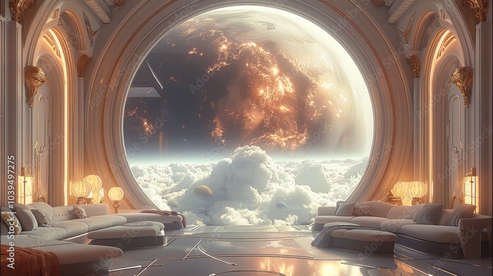 Aufkleber Inside a luxury lounge in outer space, there is a planet in a large window with space clouds all around.