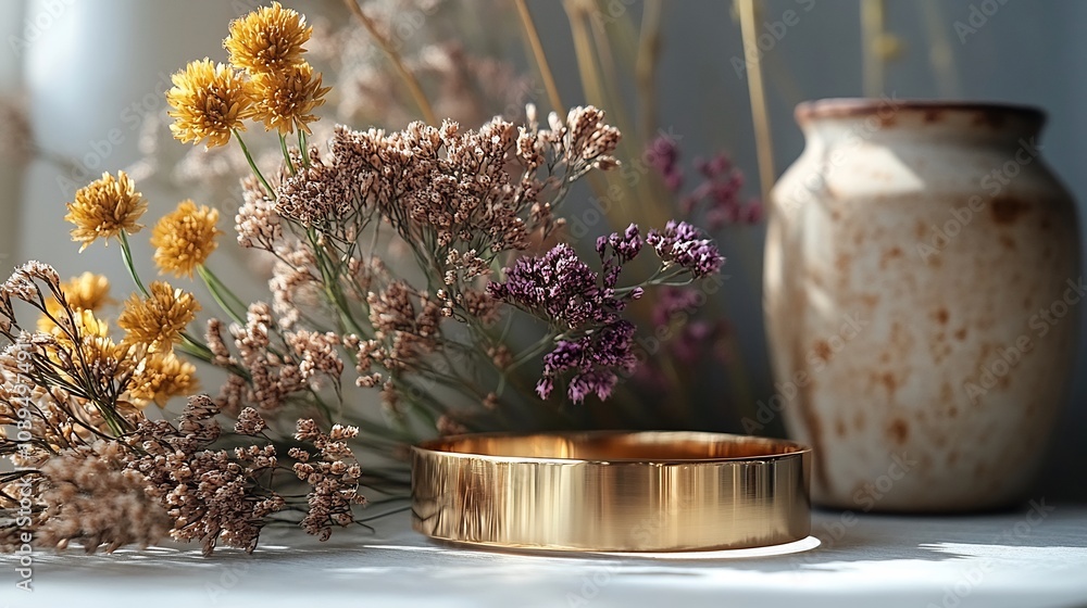 Poster wide cuff bangle with bold minimalist design resting on a soft minimalistic backdrop showcasing mode