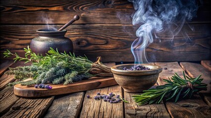 Aromatic Herbs Burning in a Clay Bowl With Smoke Rising on a Rustic Wooden Tabletop © Kukar Studio