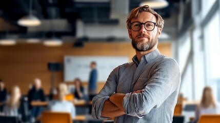 Fototapeta premium Confident man posing in a modern office environment, professional atmosphere.