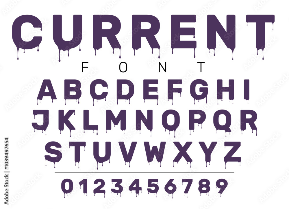 Fototapete liquid lettering. melting font. dripping drops alphabet. letters and numbers design. viscous fluid a
