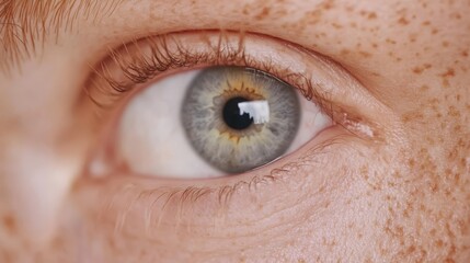 Fototapeta premium A tight shot of an eye adorned with freckles along its outer perimeter